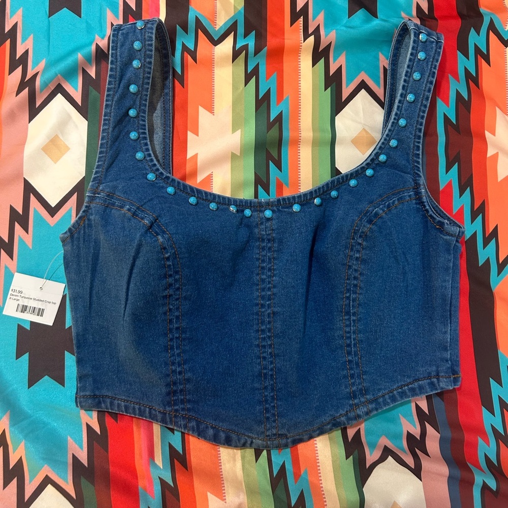Blue Denim Crop Top with Turquoise Accents